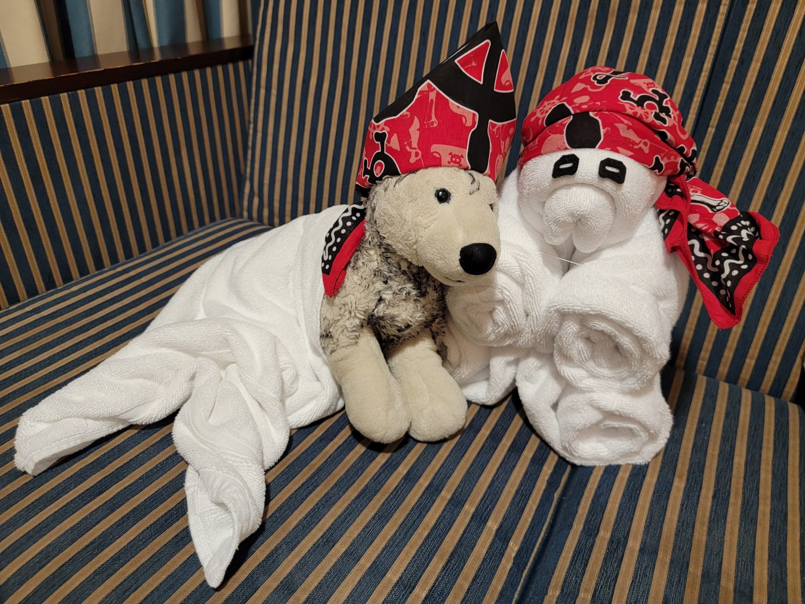 Towel animals dressed to match Bob