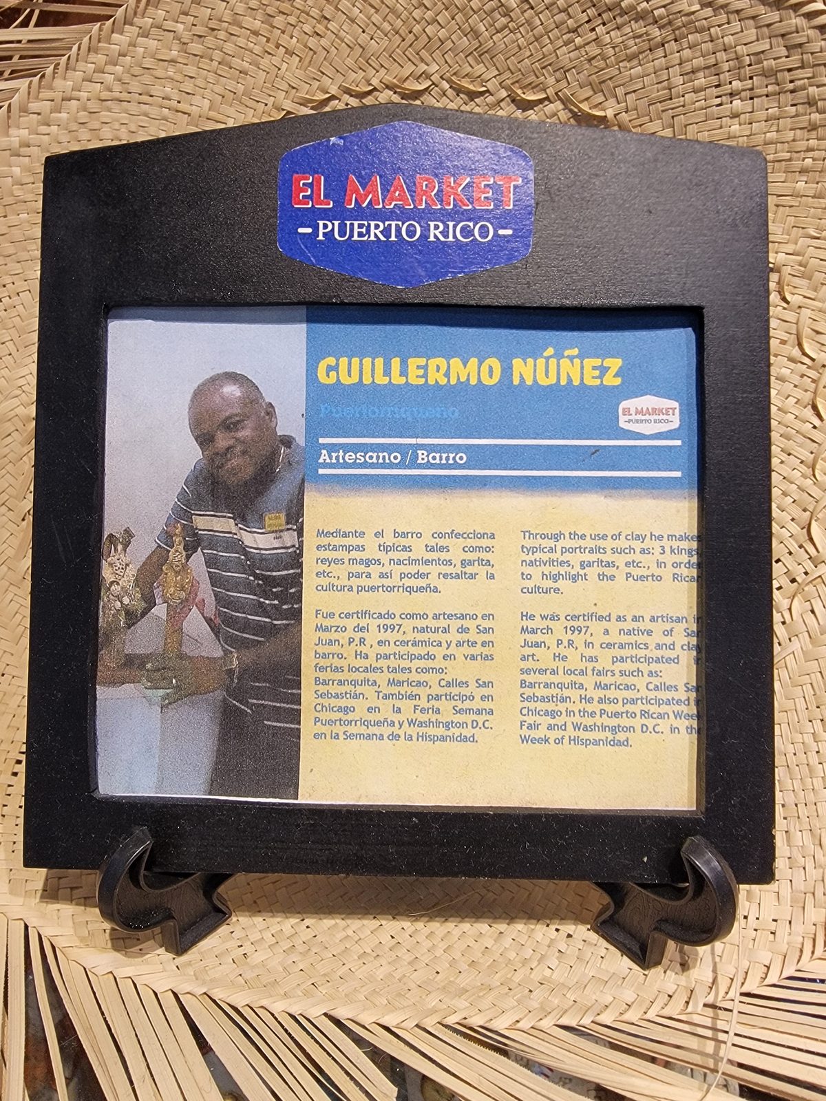 A plaque for the artisan Guillermo Núñez at El Market, in the San Juan airport