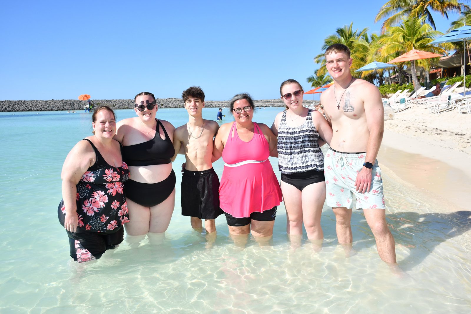 The whole gang wading out at Castaway Cay