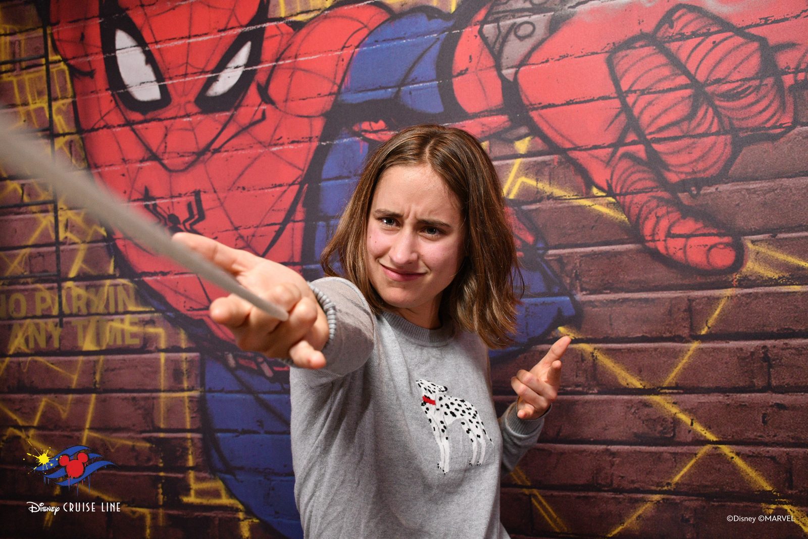 Lisa at the Spider-Man wall on the Destiny