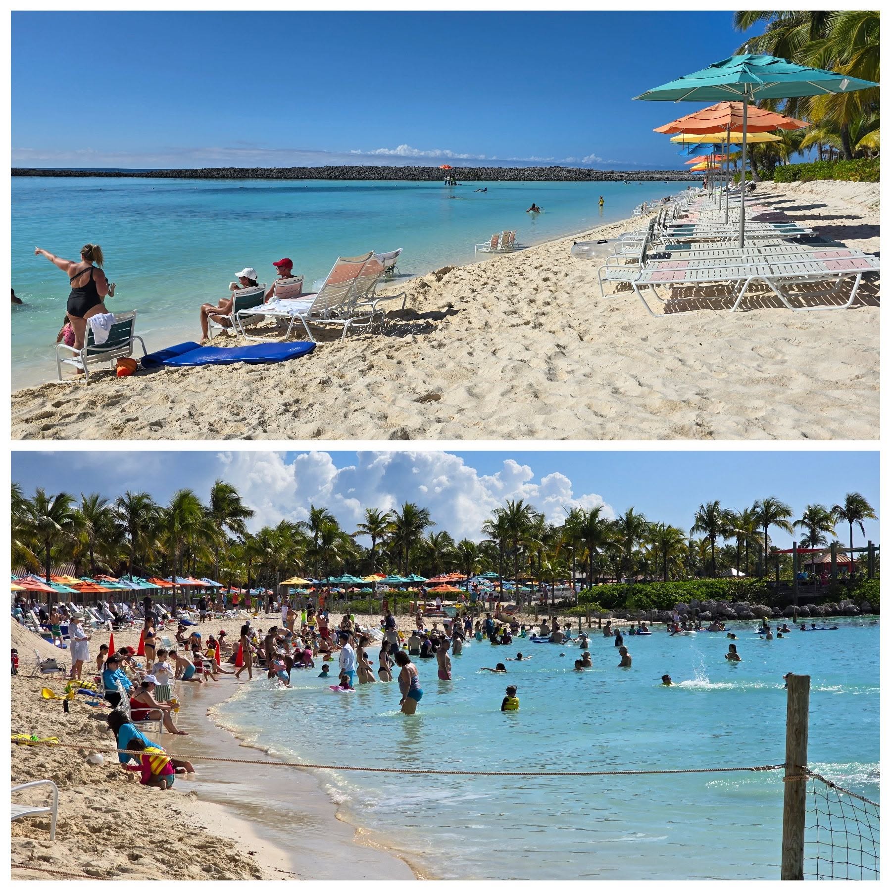 Cabana beach above, family beach below, Castaway Cay