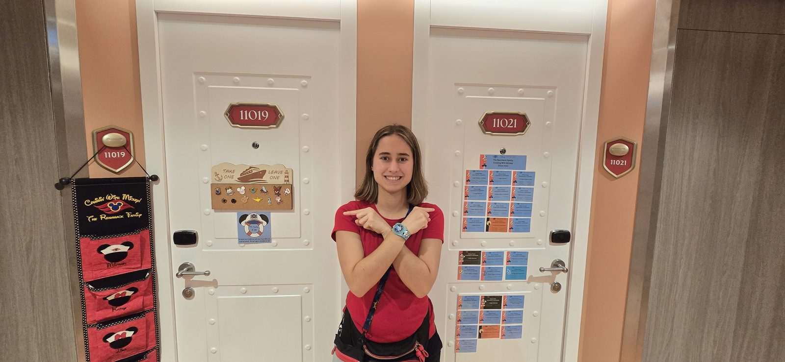 Lisa outside the stateroom doors