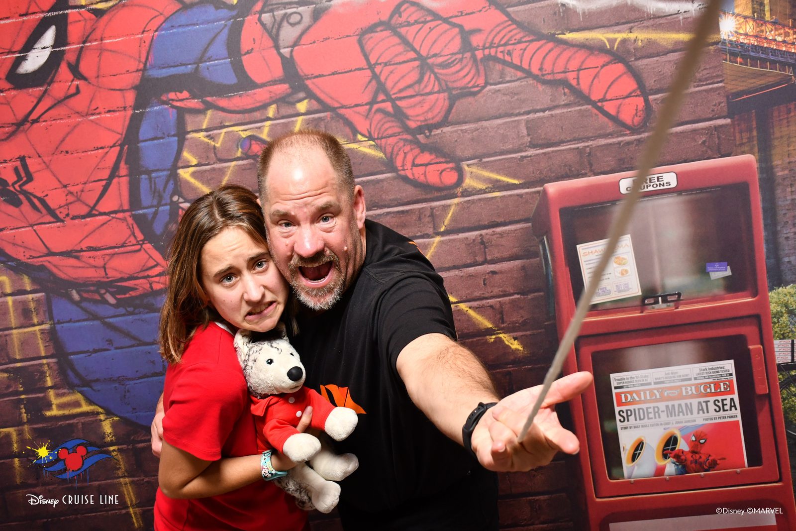 Lisa and Michael at the Spider-Man wall on the Disney Destiny