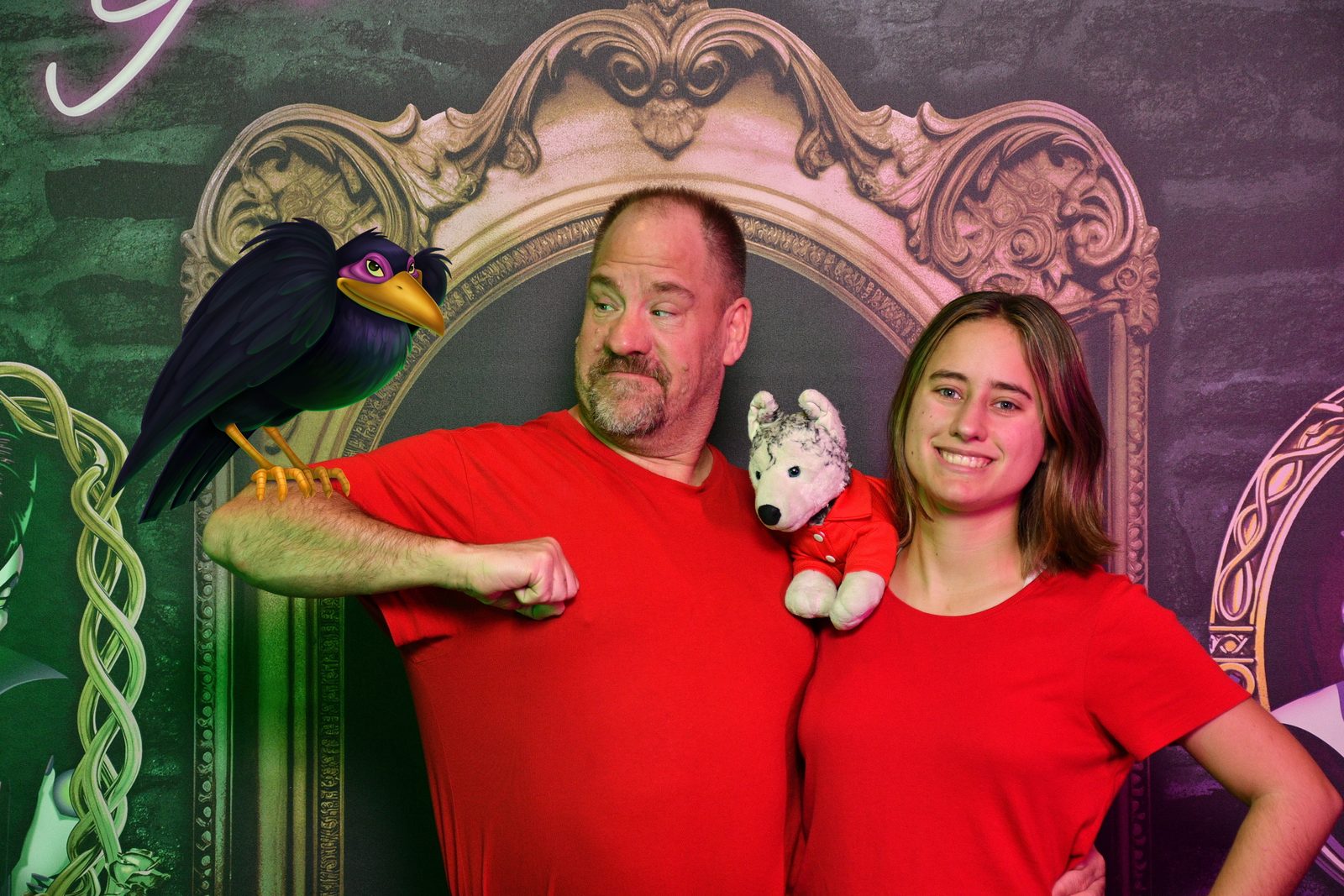 Lisa and Michael at the Villains backdrop with Bob