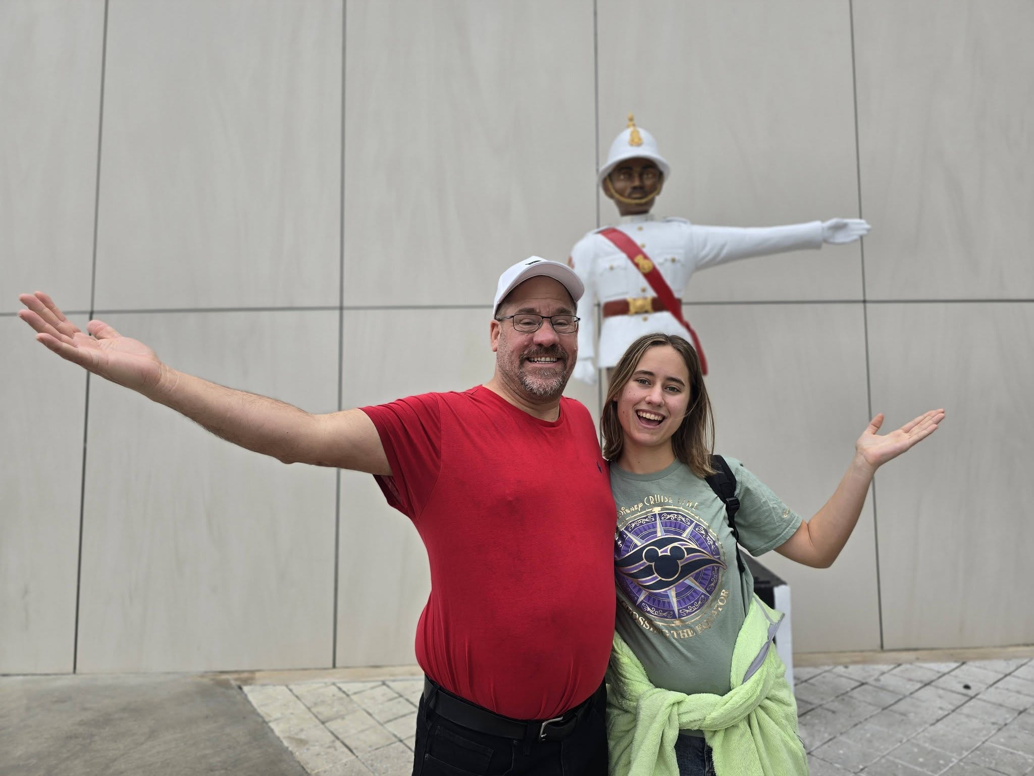 Lisa and Michael with the guard statue in Nassau