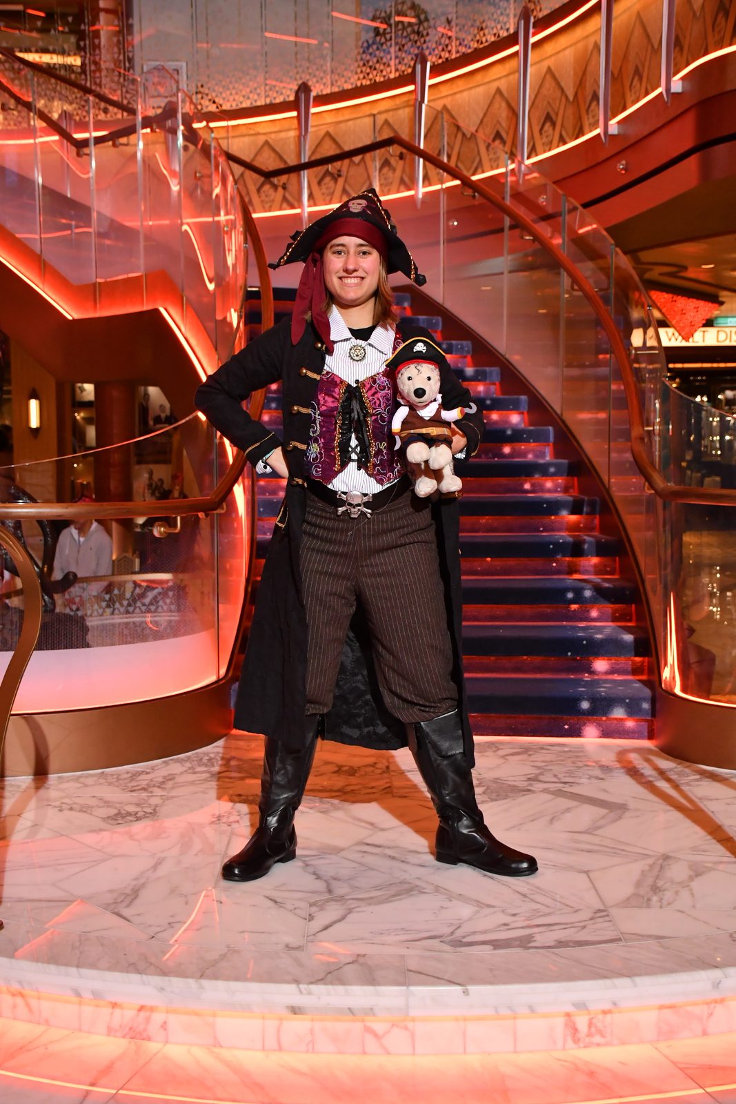Lisa in her pirate costume on the grand staircase