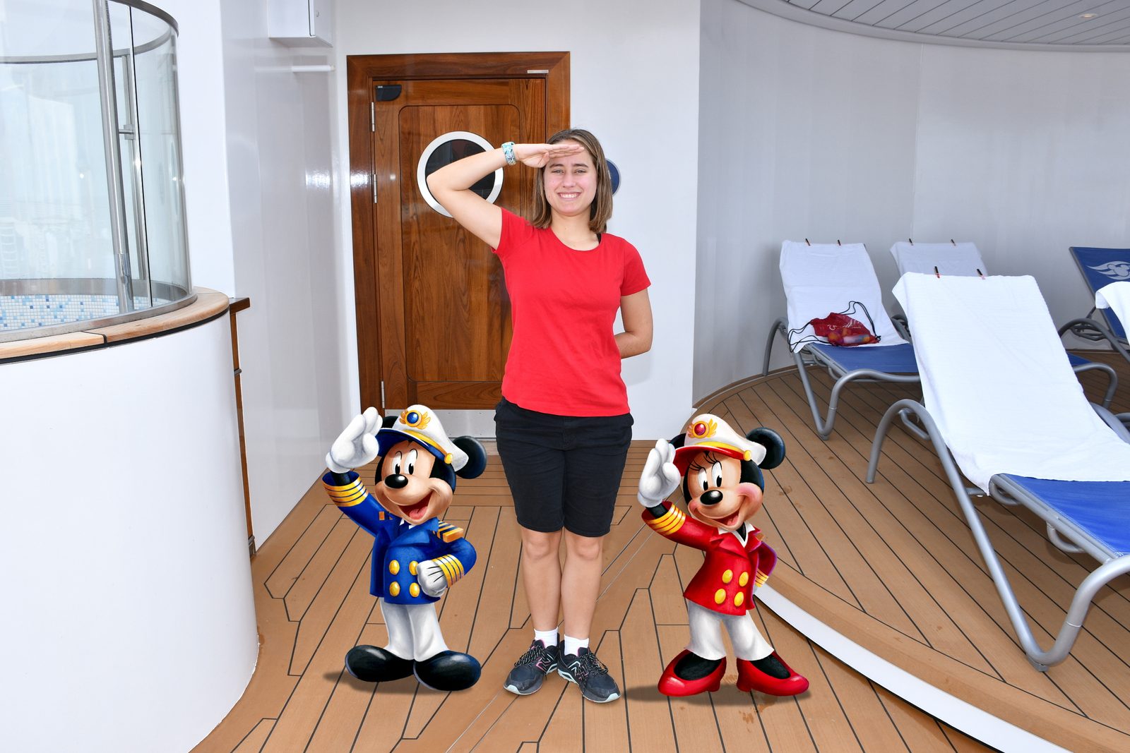 Lisa salutes in a Magic Shot with Captain Mickey and Minnie