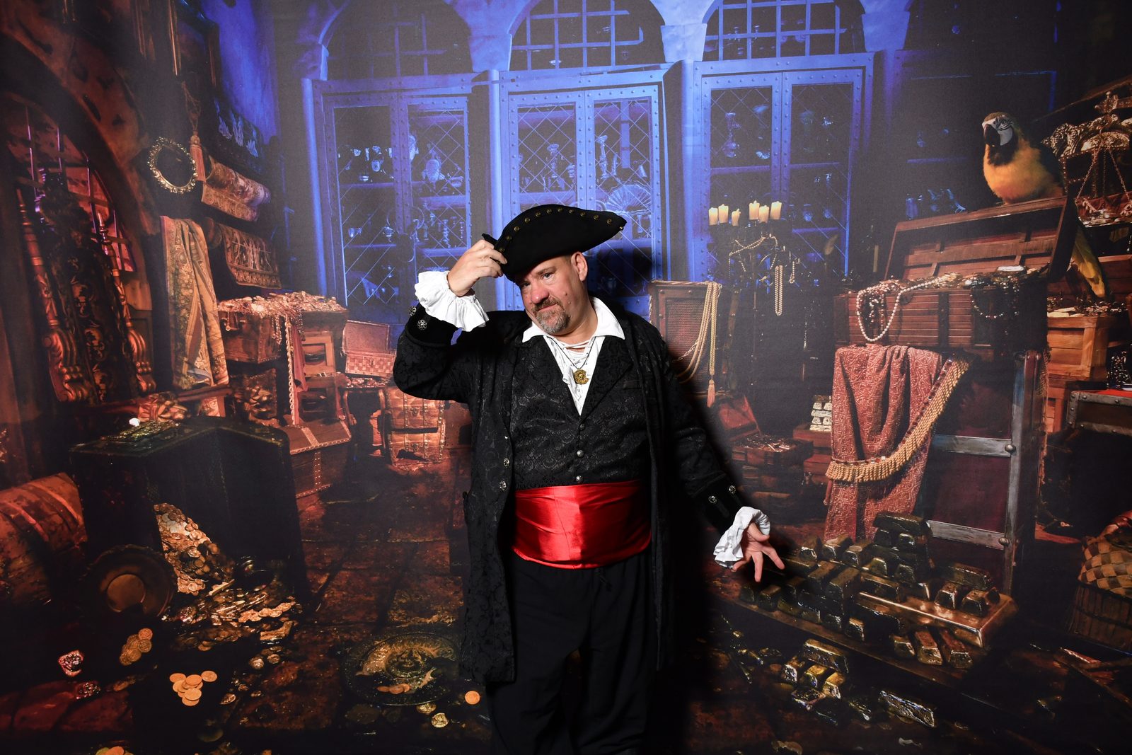 Michael at the treasure cove backdrop on Pirate Night