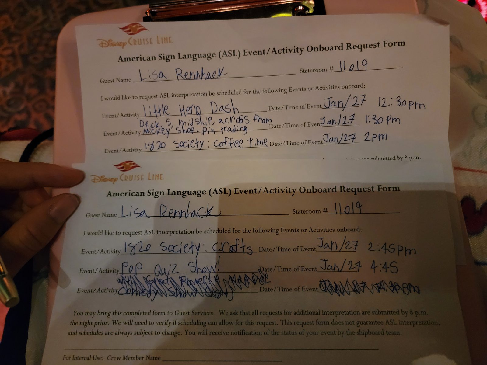 Lisa's ASL request forms for tomorrow