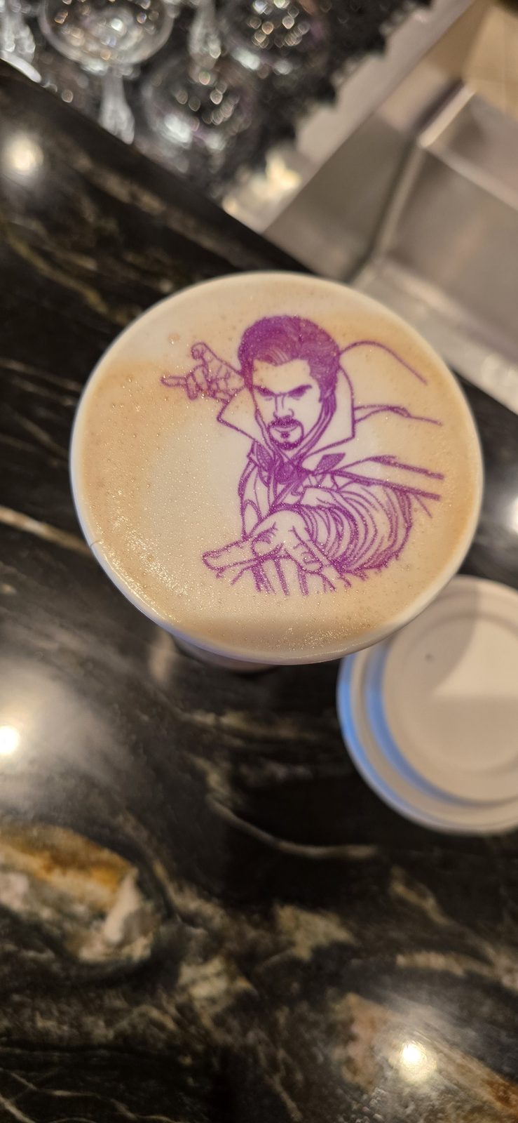 Doctor Strange in the latte foam on the Disney Destiny