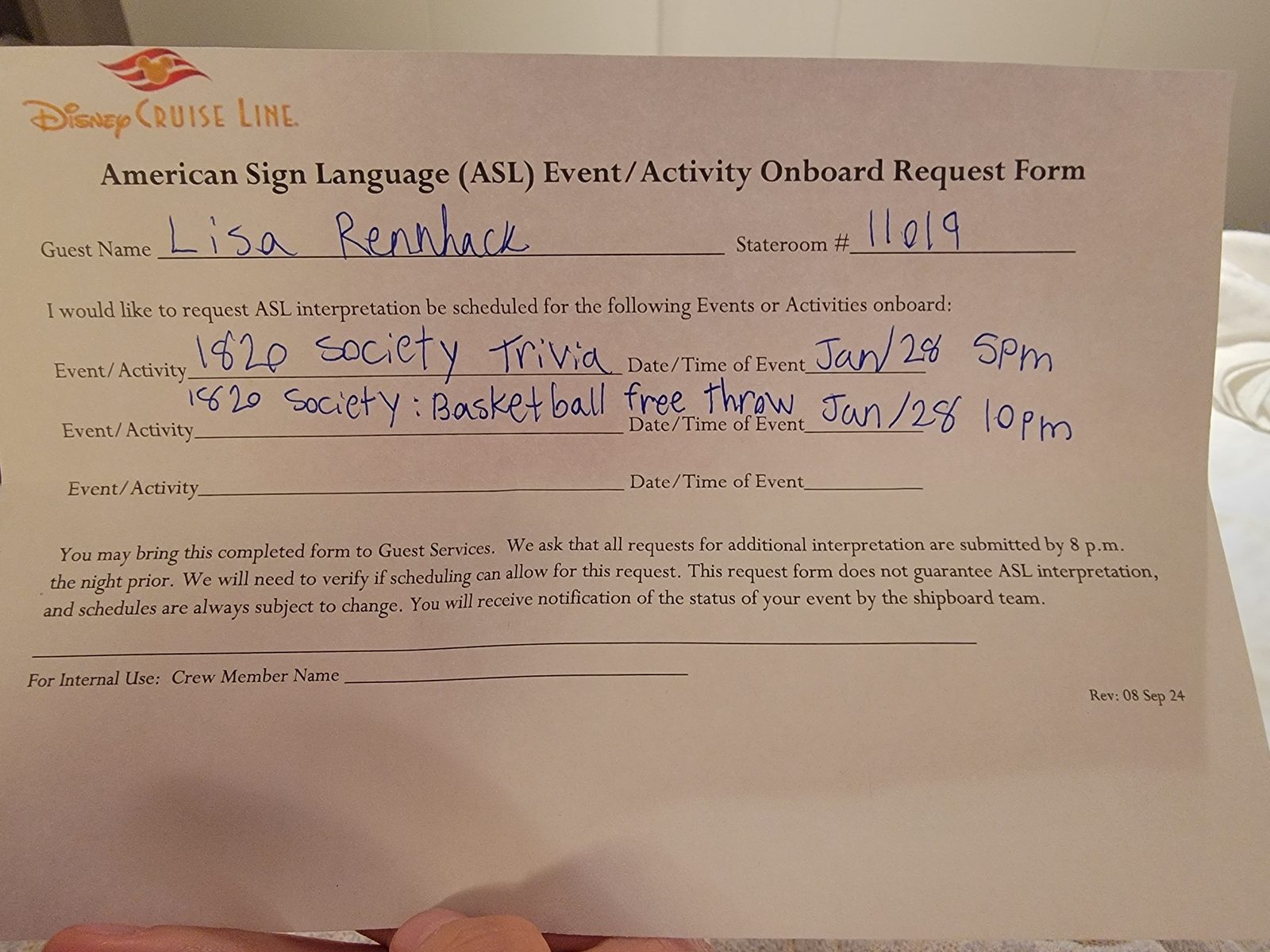 Lisa's ASL request form for Nassau