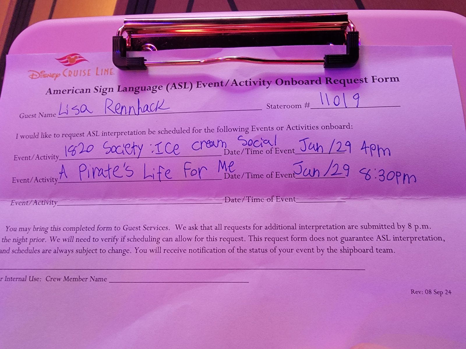 Lisa's ASL request form for tomorrow