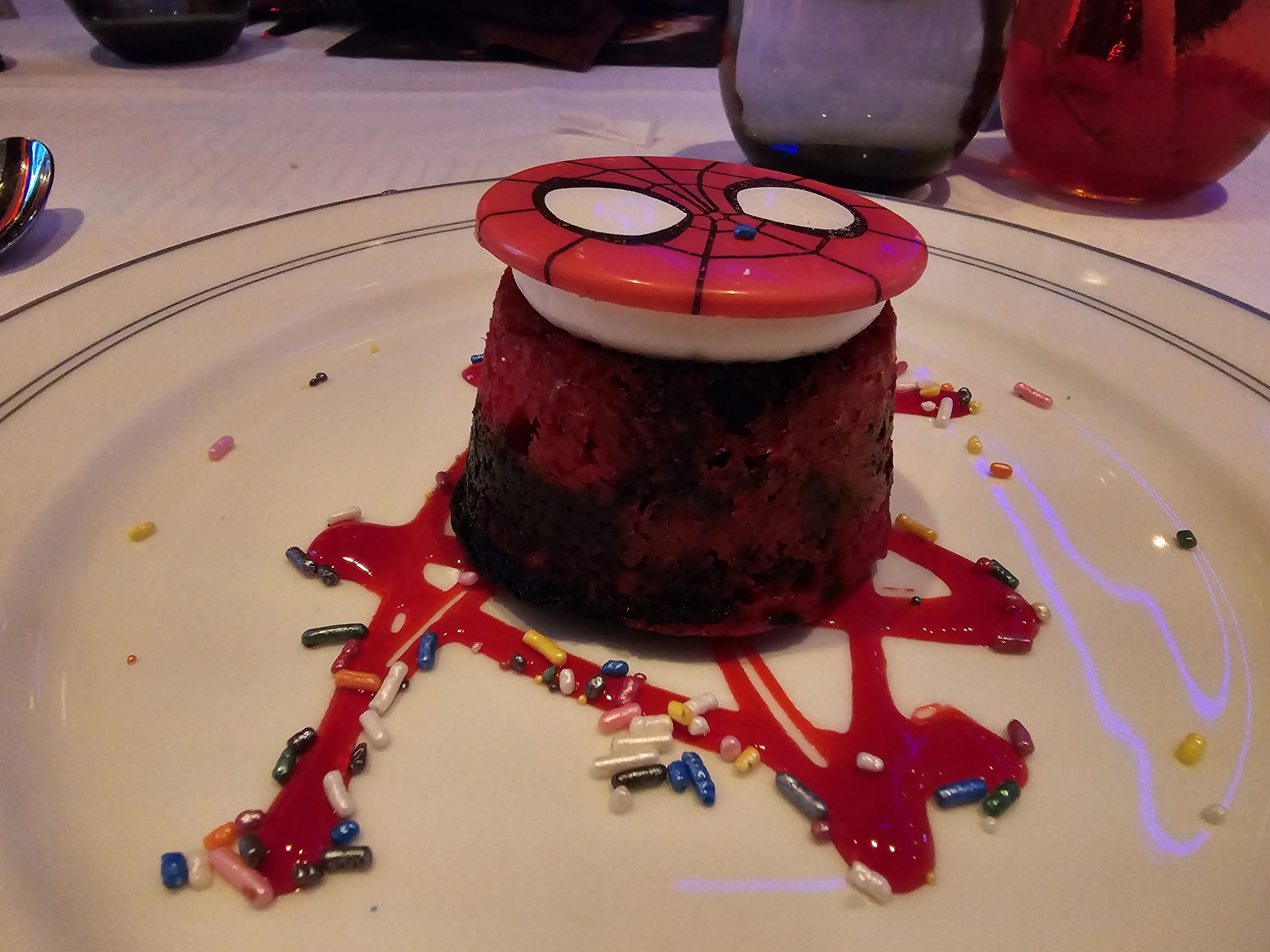 A Spider-Man dessert at dinner in Worlds of Marvel