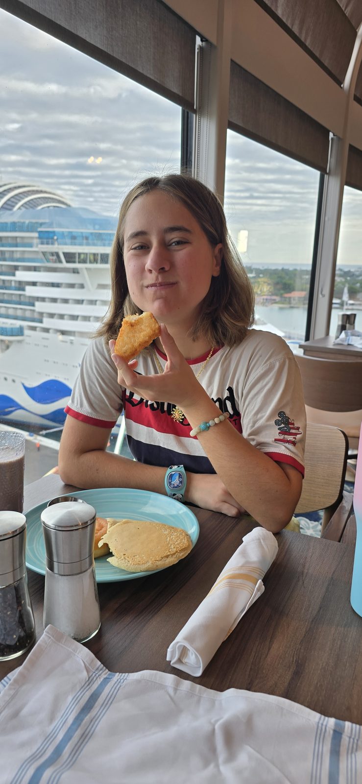 Lisa's last breakfast with a view of the ship