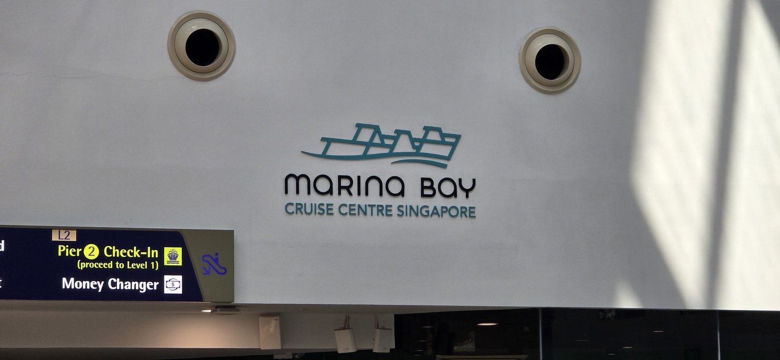 The Marina Bay Cruise Centre sign as we checked in