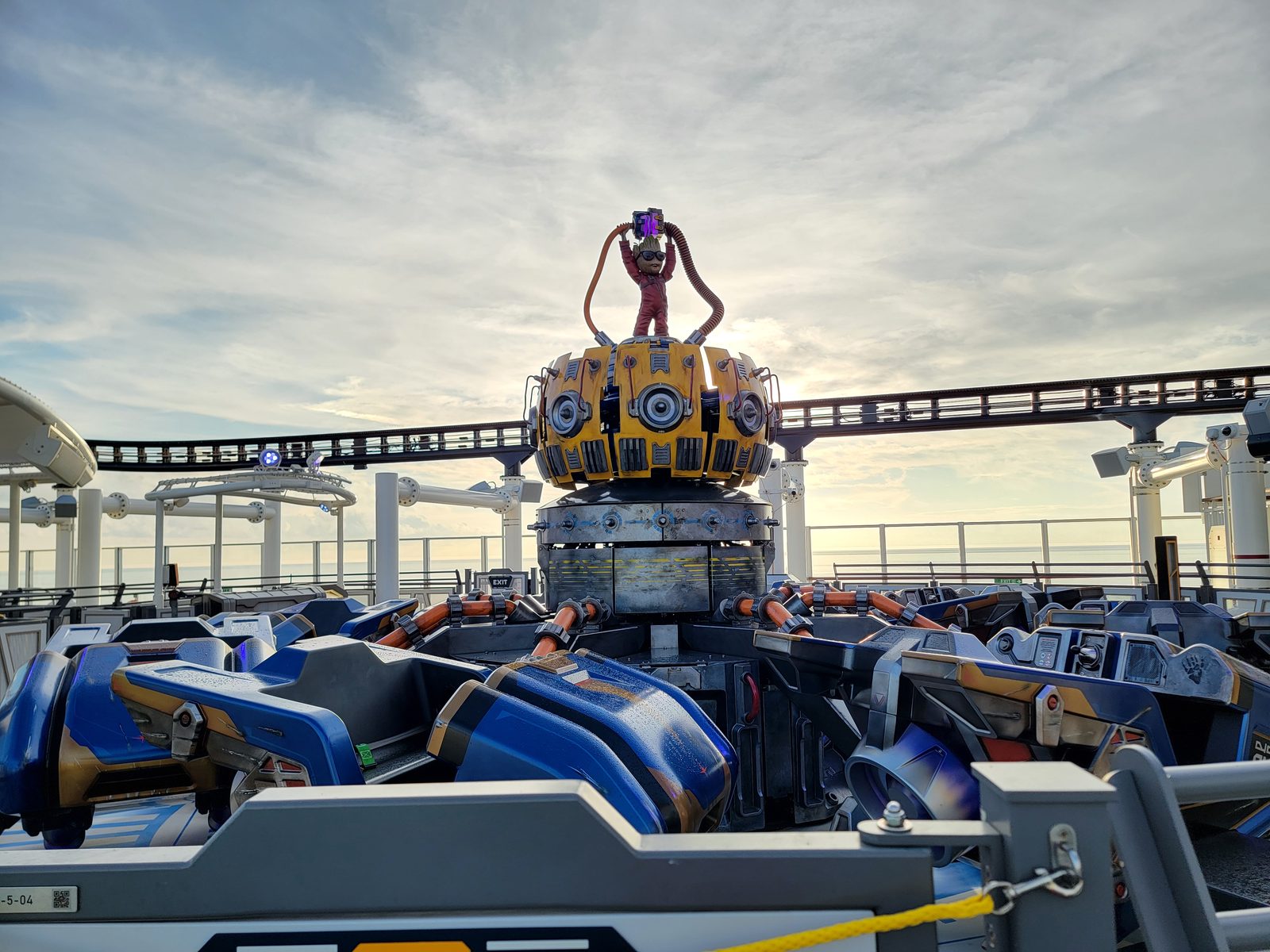 The ship's thrill ride against the evening sky