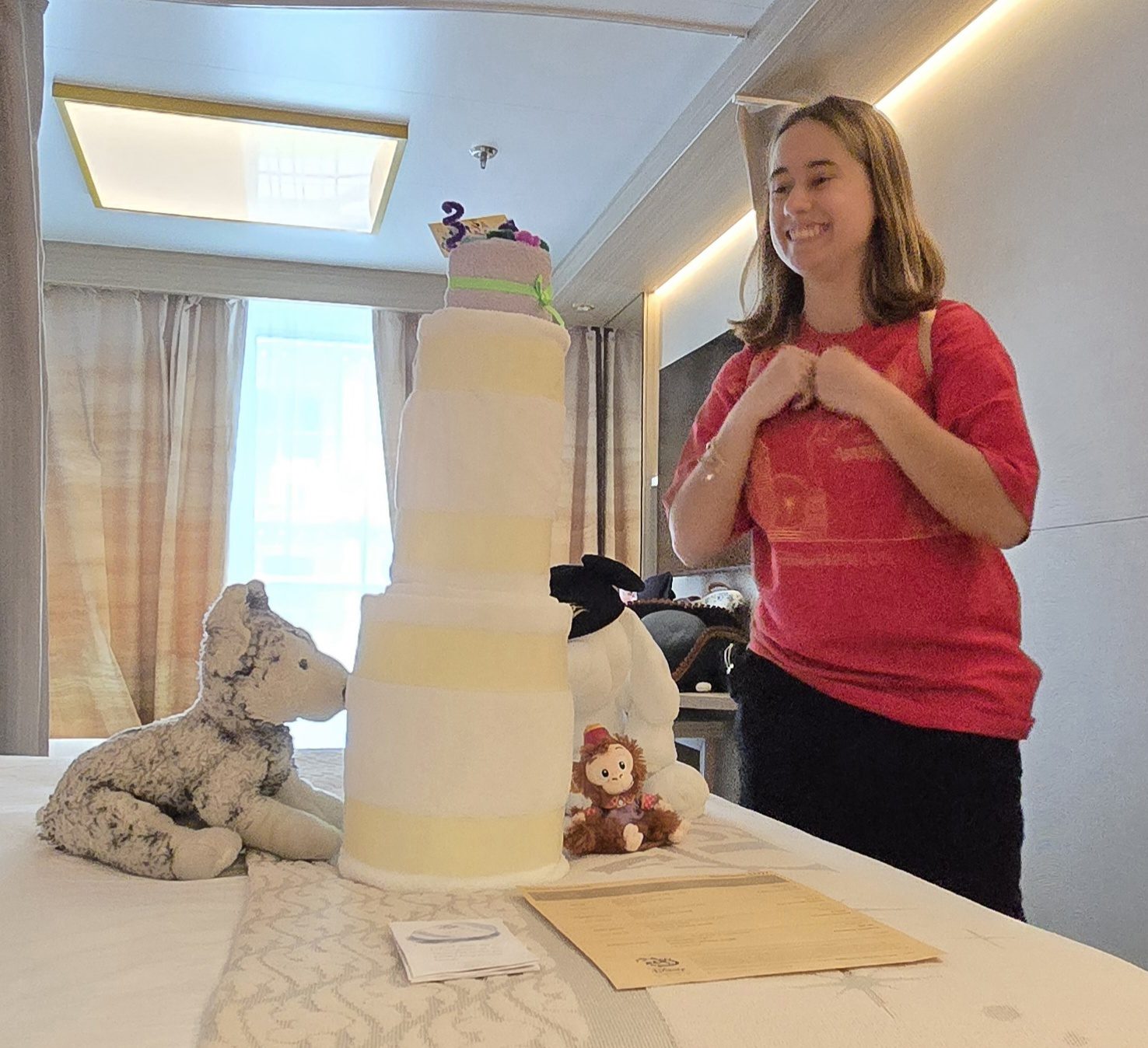 A washcloth cake in the stateroom