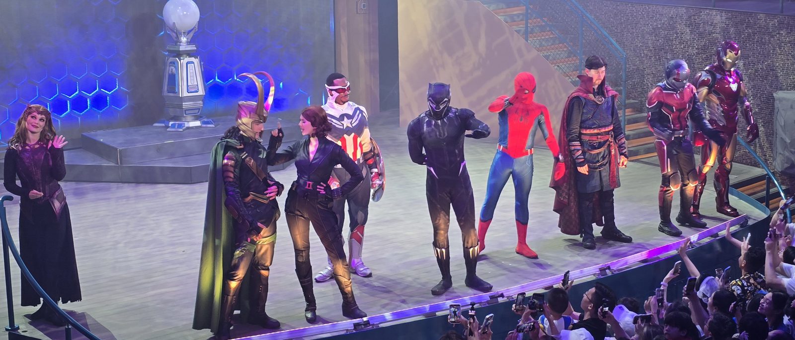 Scarlet Witch, Loki, Black Panther, Spider-Man, Doctor Strange and Iron Man in the Marvel stage show