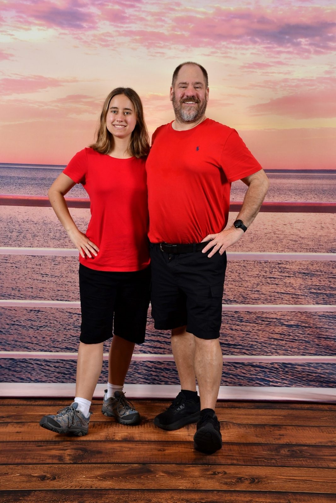 Lisa and Michael at the ship photographer's sunset backdrop