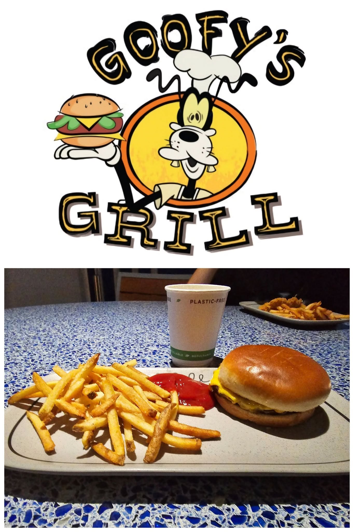 A Goofy's Grill burger and fries