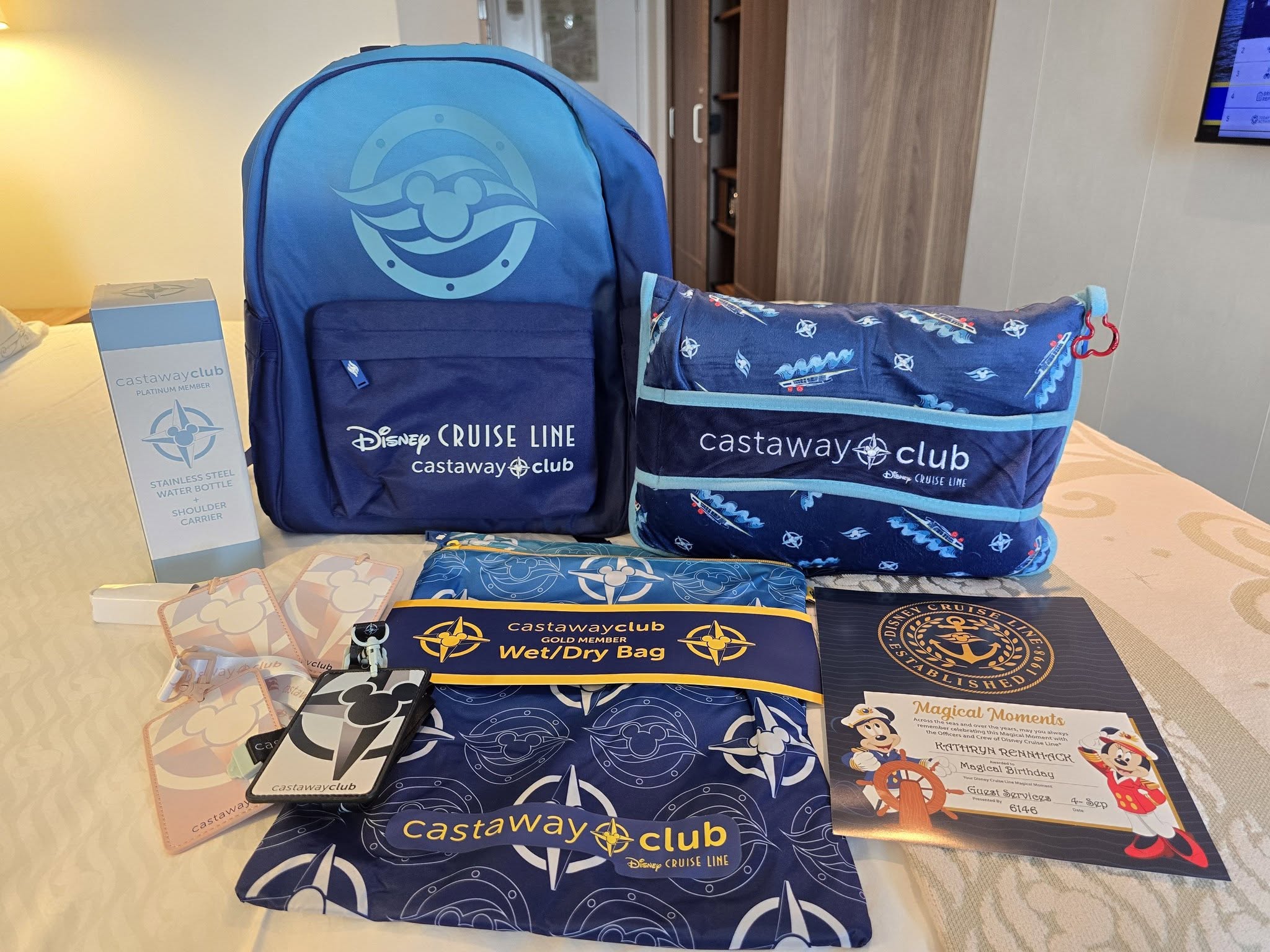The Castaway Club welcome gifts in our stateroom