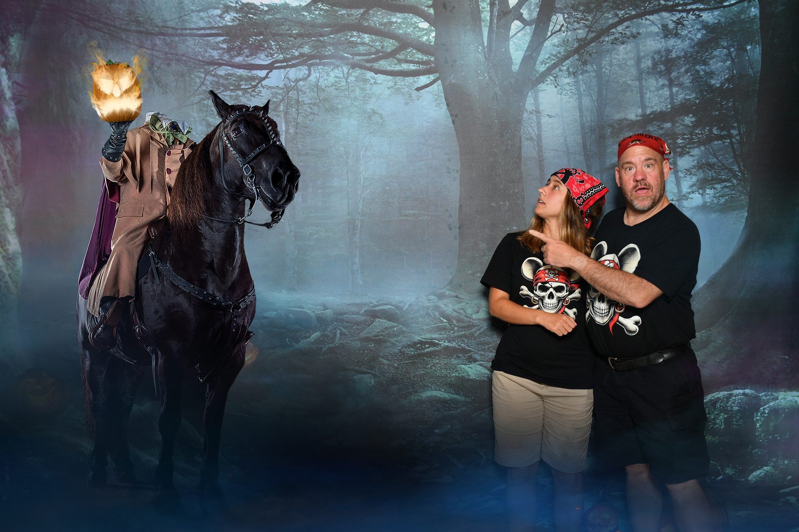 Lisa and Michael at the Headless Horseman backdrop on Pirate Night