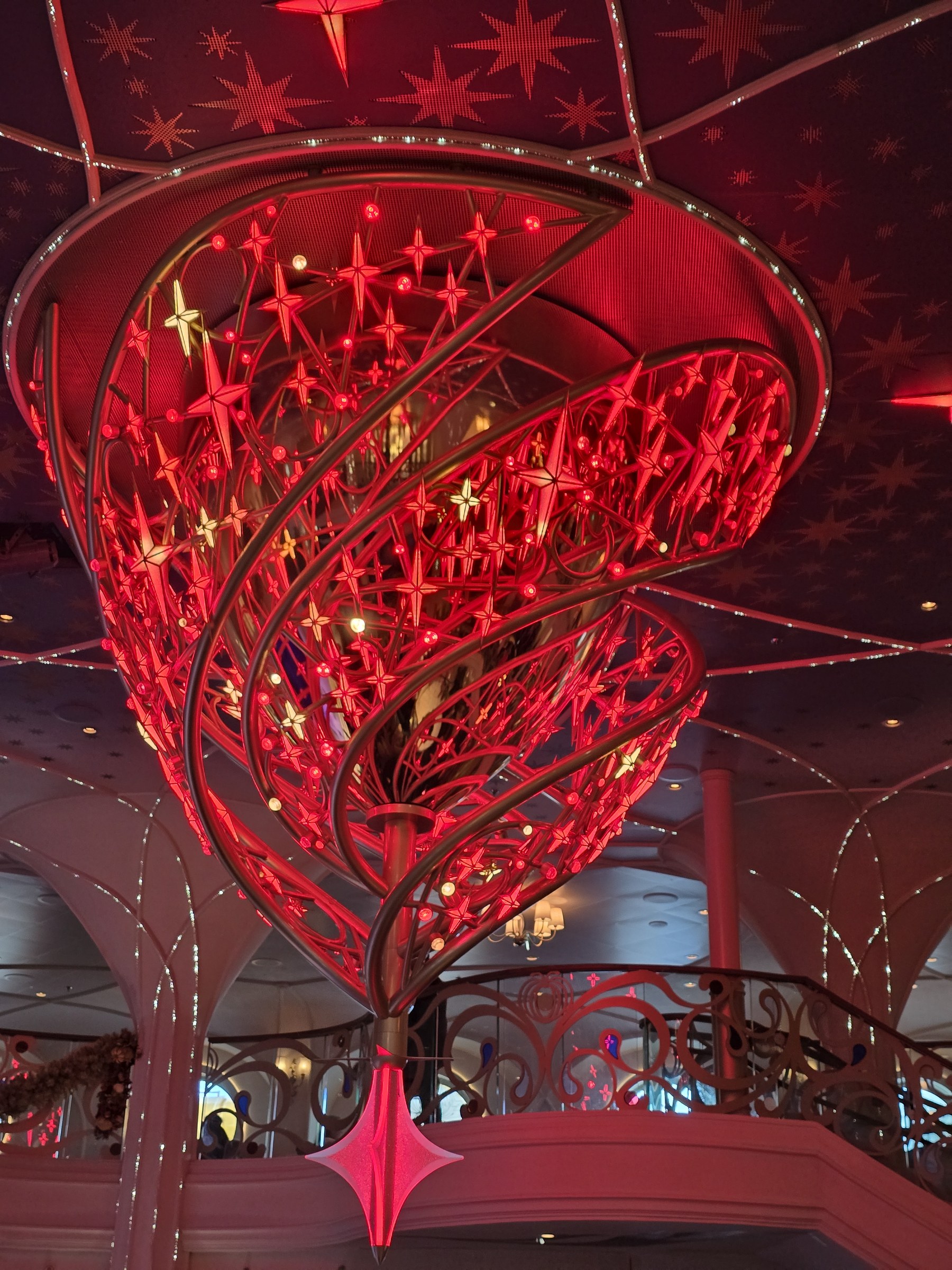The Grand Hall chandelier lit red for Halloween