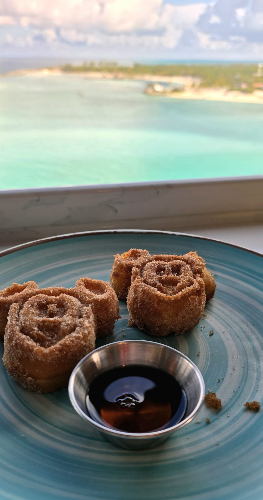 Mickey waffles with Castaway Cay out the window
