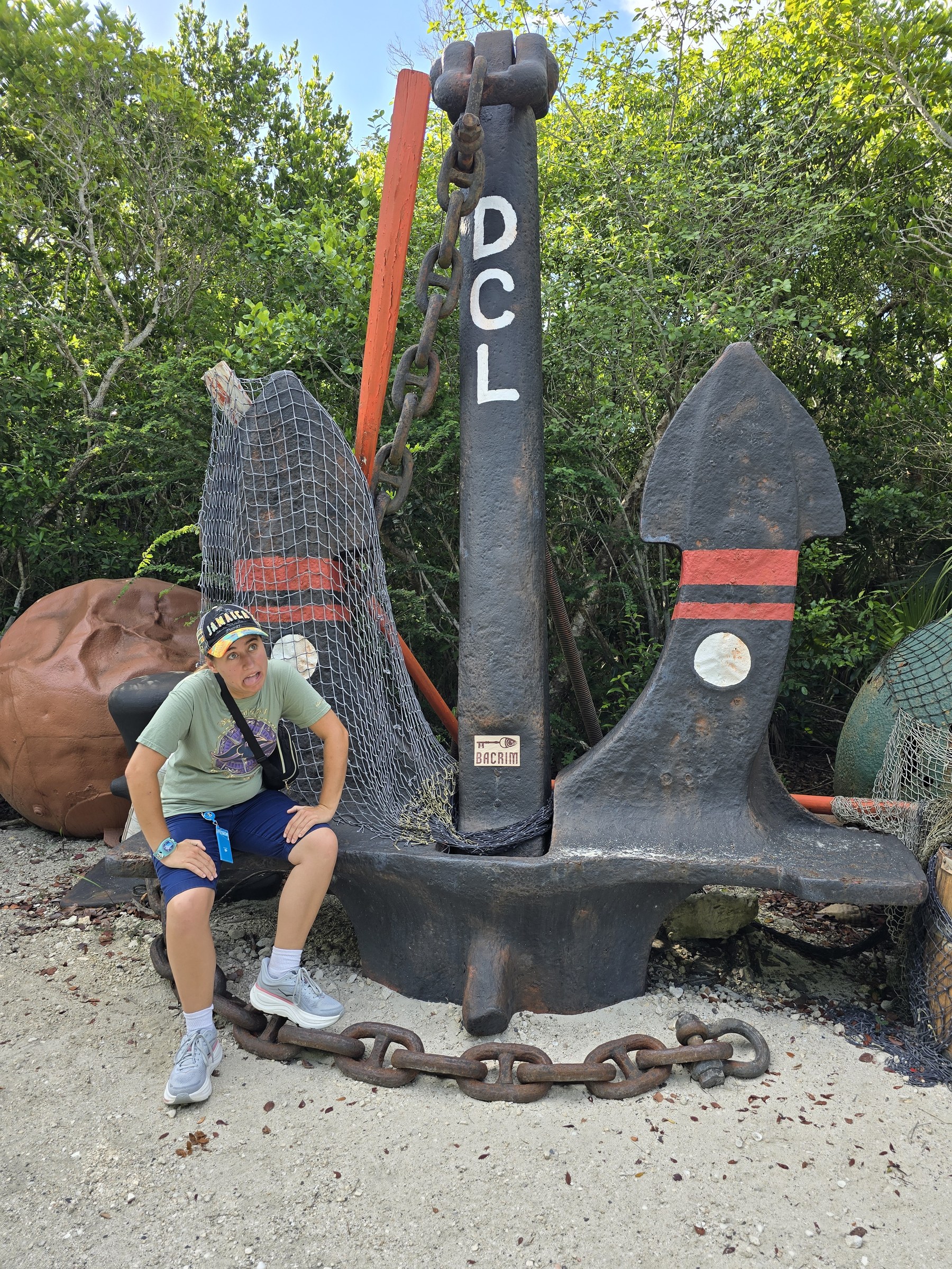 Lisa on the big anchor on Castaway Cay