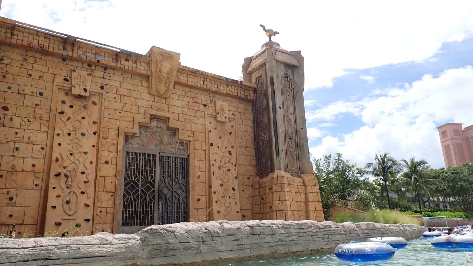 The temple facade at the Atlantis water park