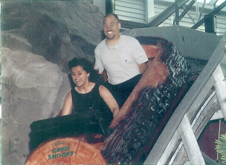 Kathy and me riding the Log Chute at Camp Snoopy