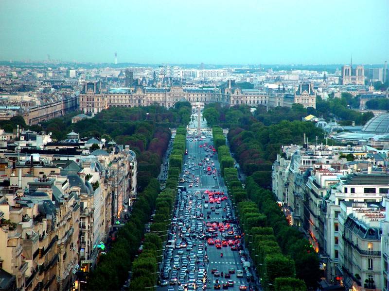 The Champs-Elysees from above, looking toward the Louvre
