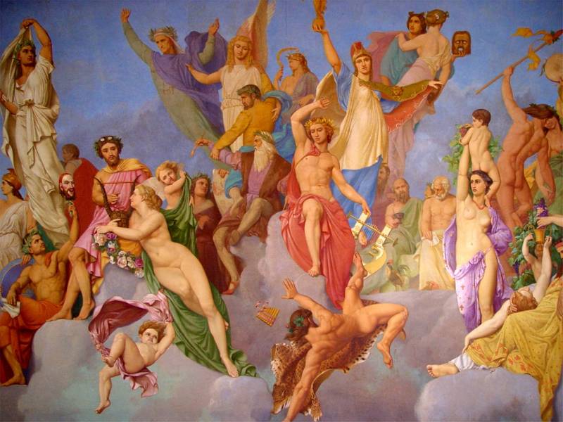 A mythological ceiling painting inside the Louvre