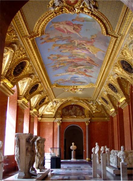 The red gallery's gilded ceiling at the Louvre