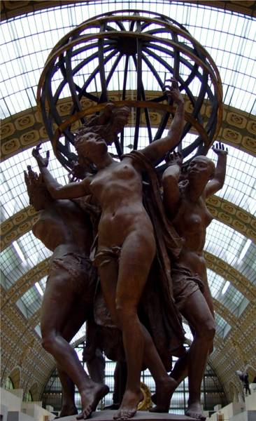 Bronze figures holding up a globe at Orsay