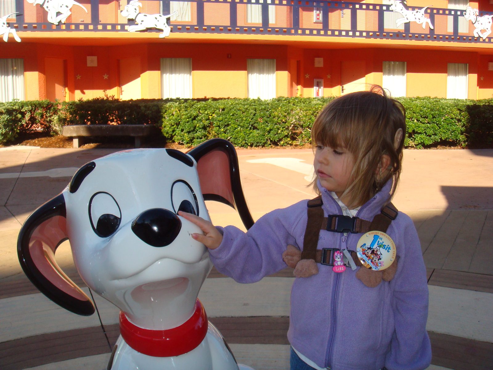 Lisa says hello to the resort's Dalmatian statue
