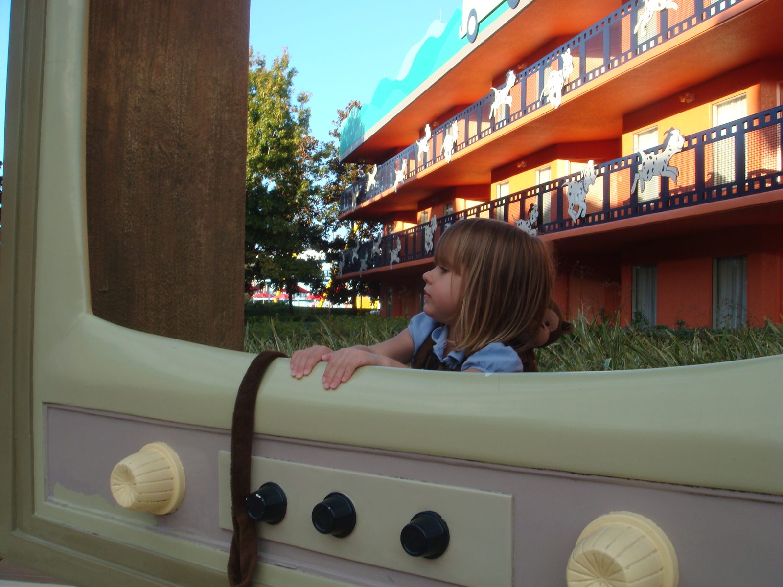 Lisa looking out from the giant film reel at our resort