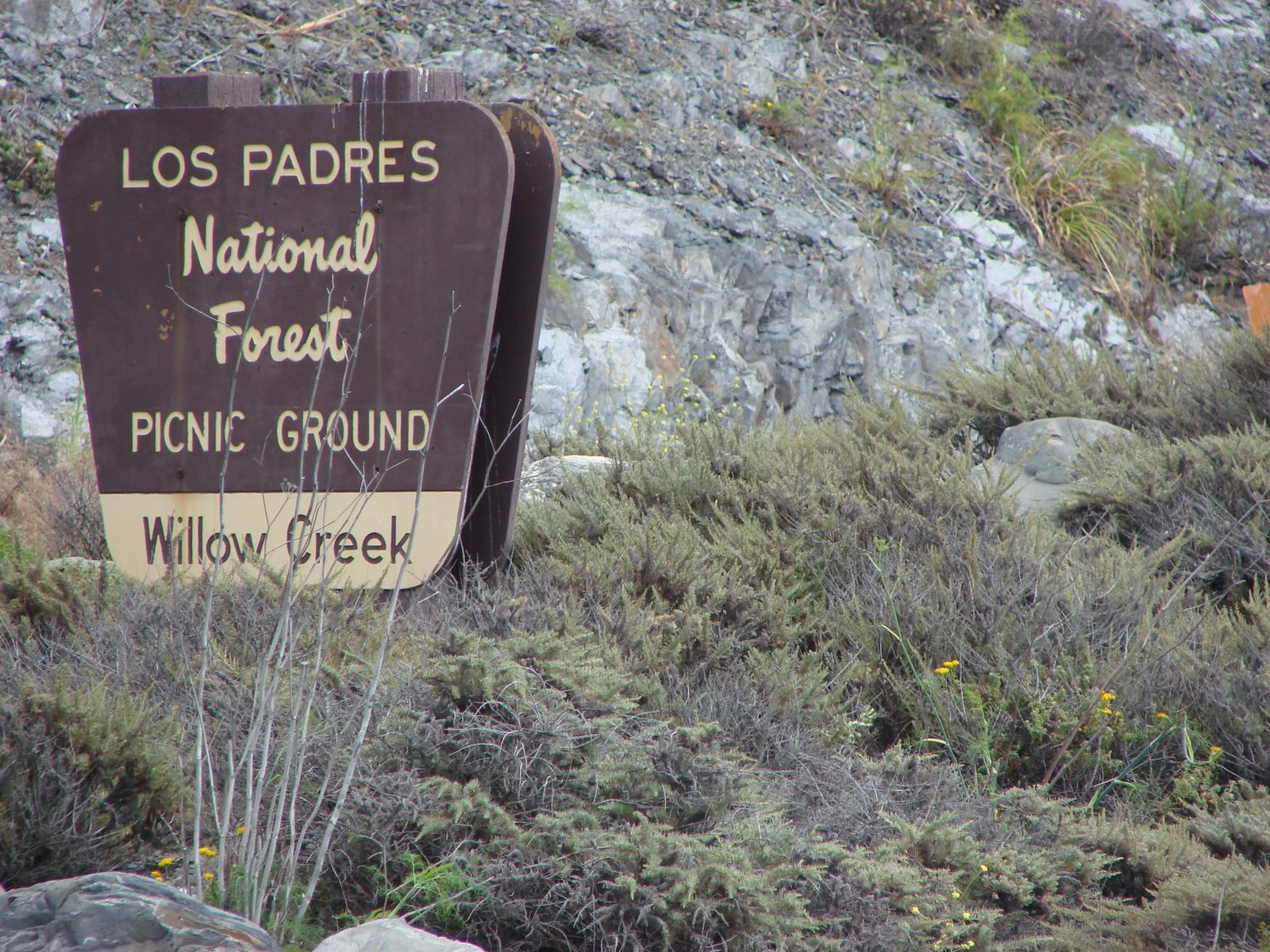 The Willow Creek picnic ground sign in Los Padres National Forest