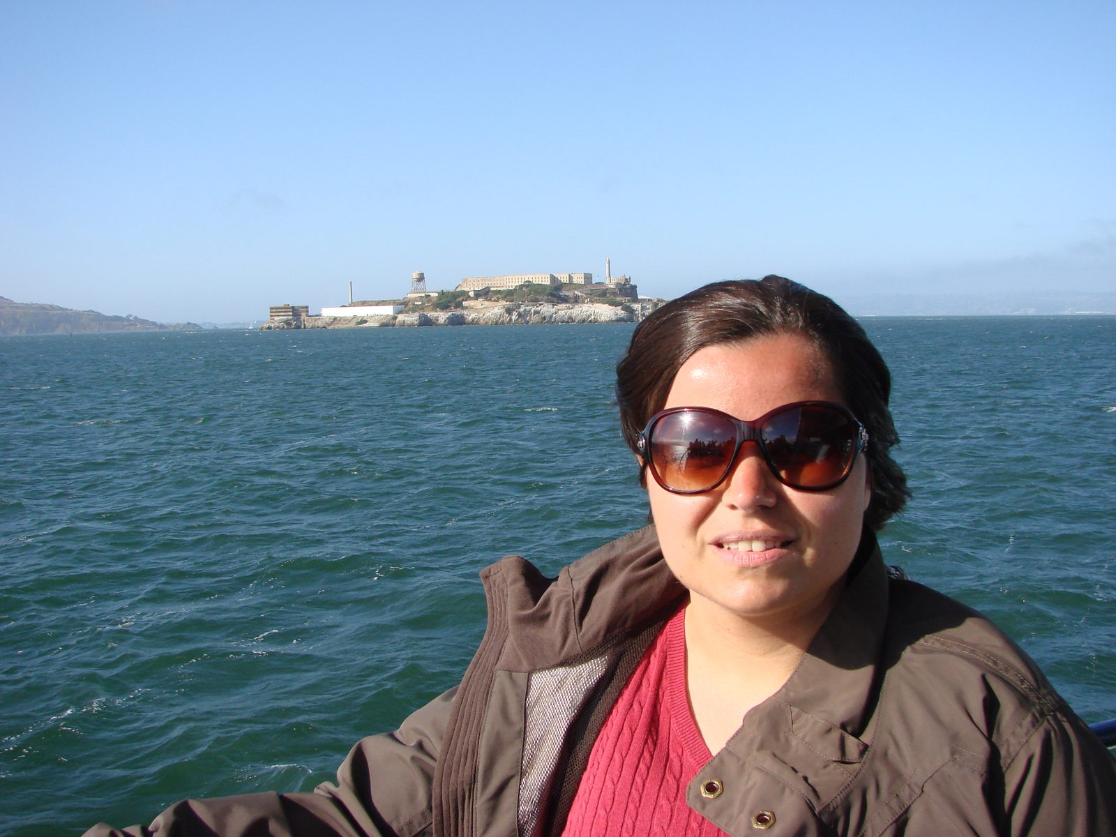 Kathy with Alcatraz behind her on the bay cruise