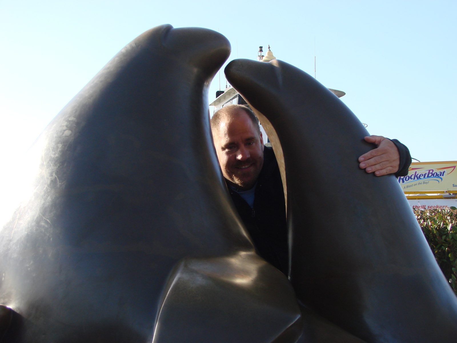 Me inside the giant sea lion sculpture at Pier 39