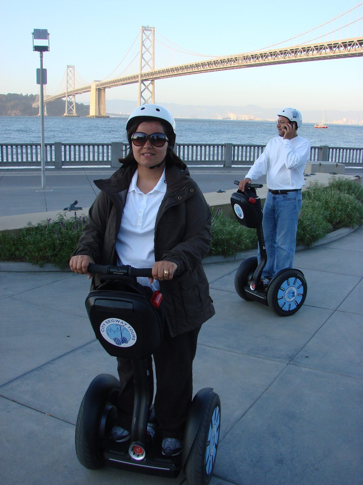 Kathy Segwaying near the Bay Bridge