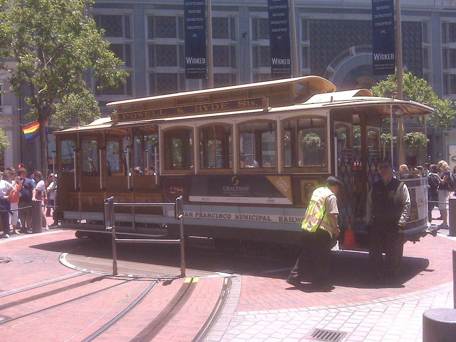A cable car downtown in San Francisco