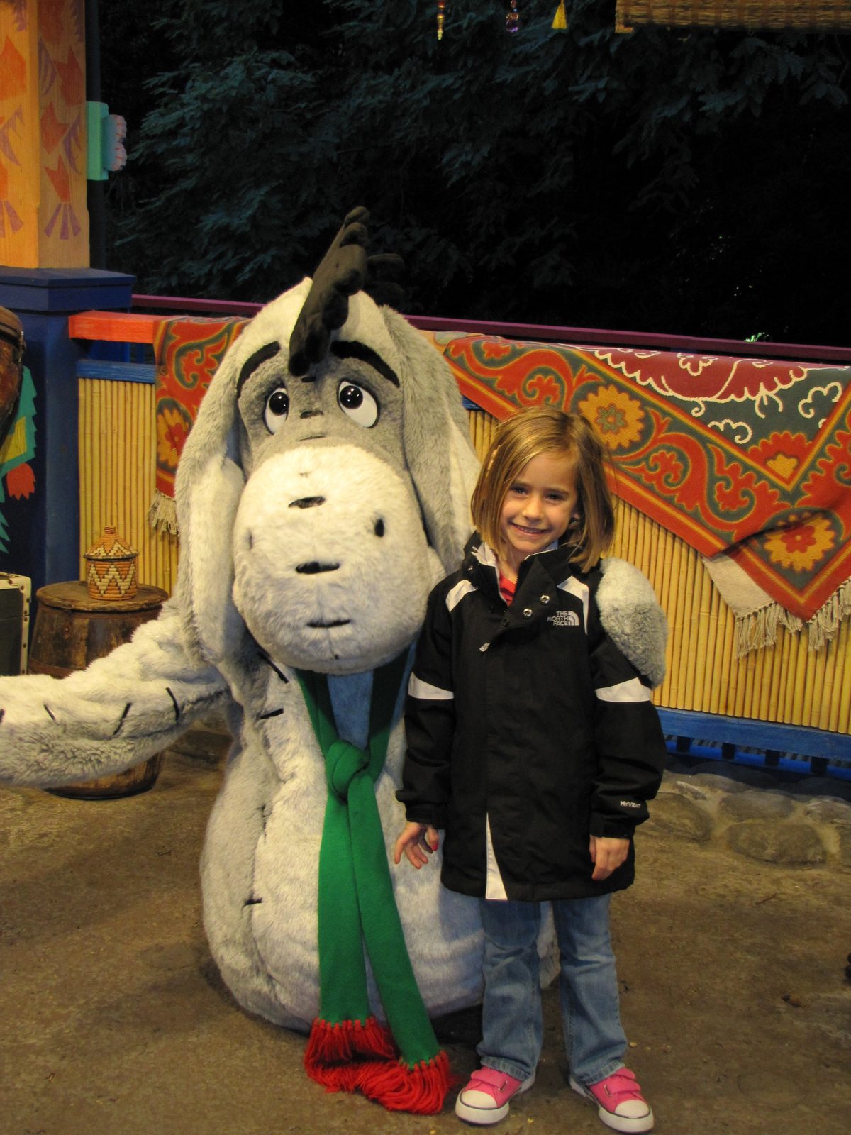 Eeyore in his Christmas scarf with Lisa at Animal Kingdom