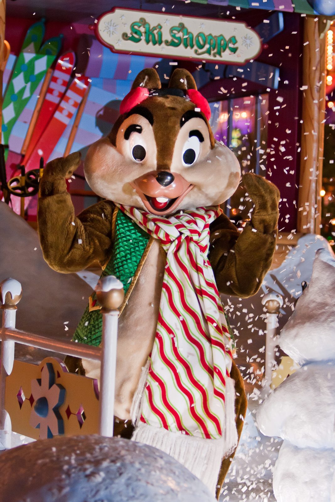 Chip in the snowy Ski Shoppe