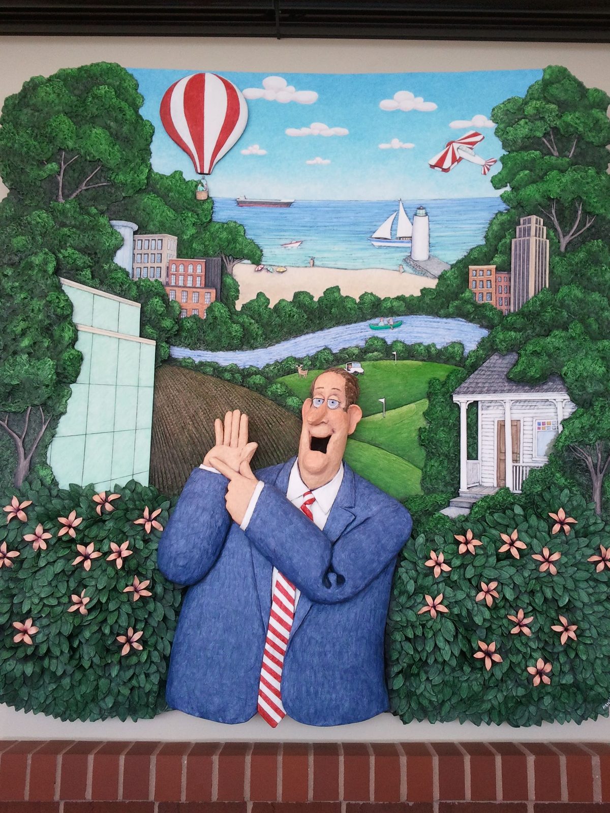 A hot-air balloon mural along the road