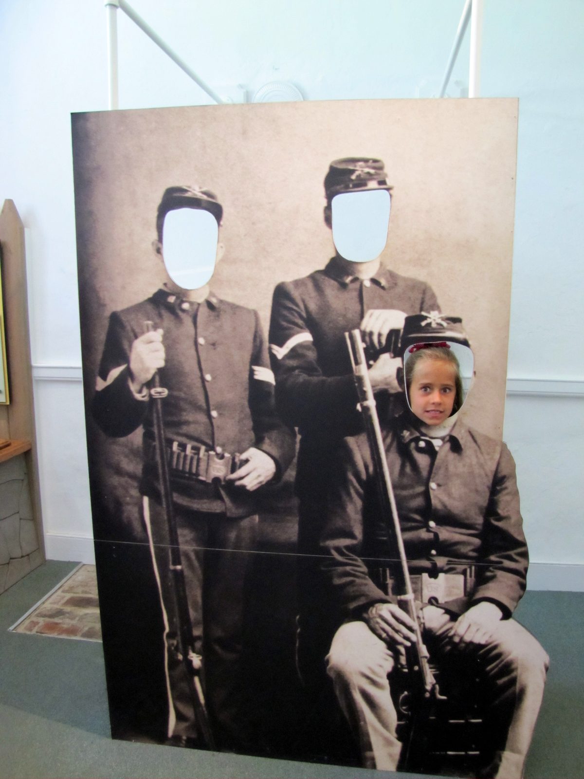 General Lisa at the soldier cutout, Fort Mackinac