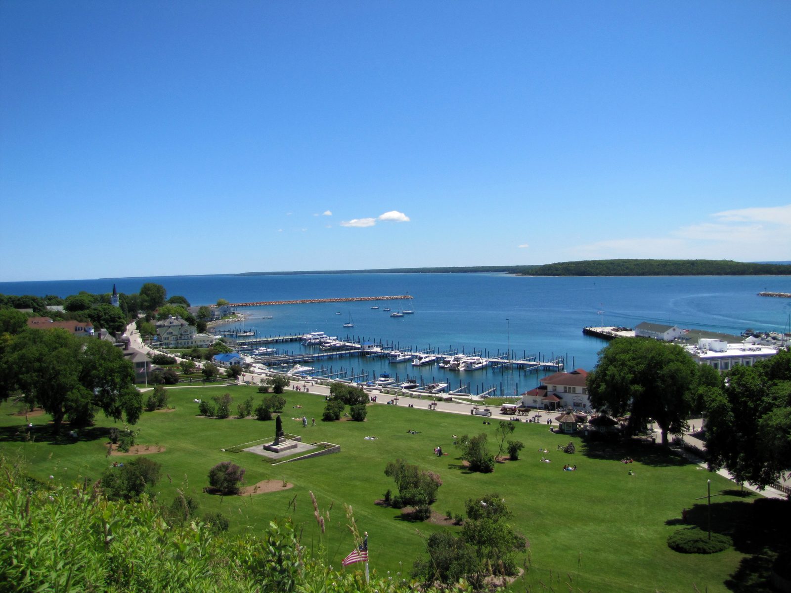 The marina and Marquette Park from Fort Mackinac