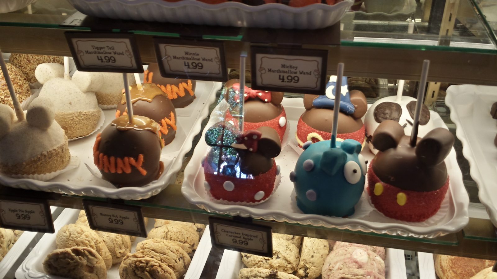 Mickey-shaped candy apples in the window