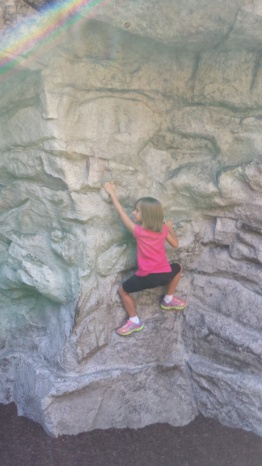 Lisa climbing the rock wall at Redwood Creek