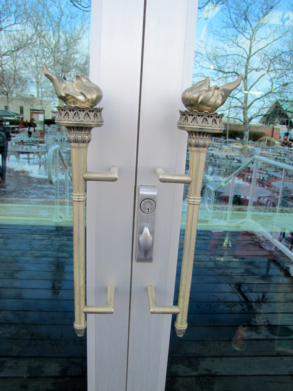 Torch door handles on the Liberty Island gift shop